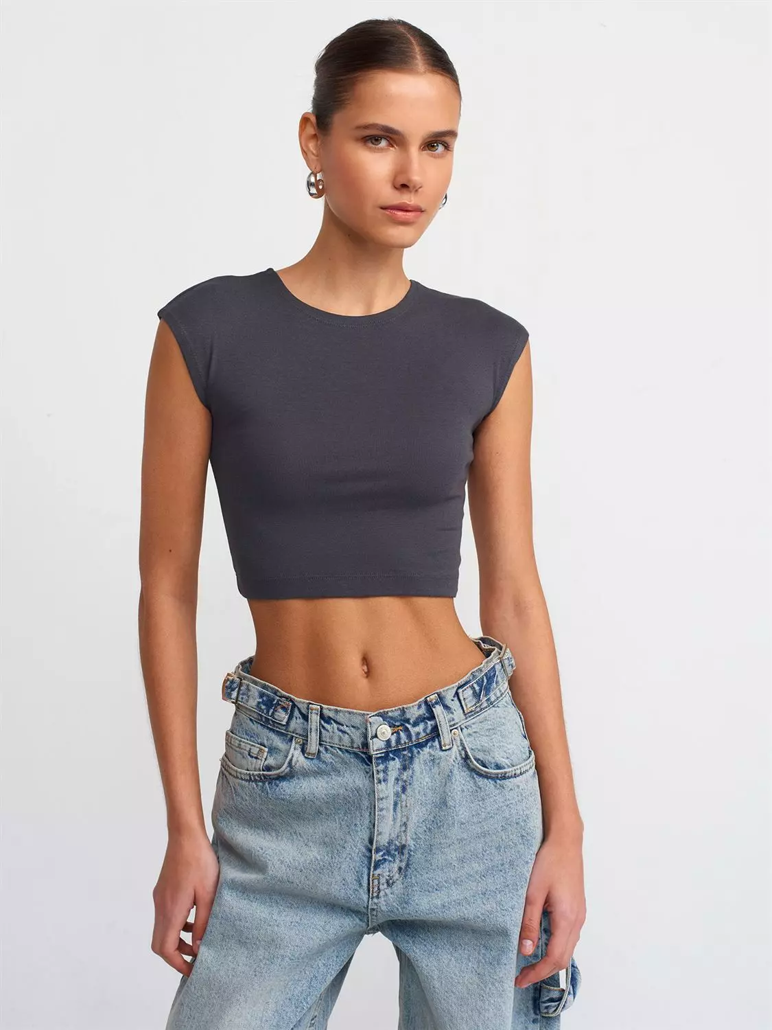 PAMUK VE MODAL KARIŞIMLI CROP TOP (Antrasit)