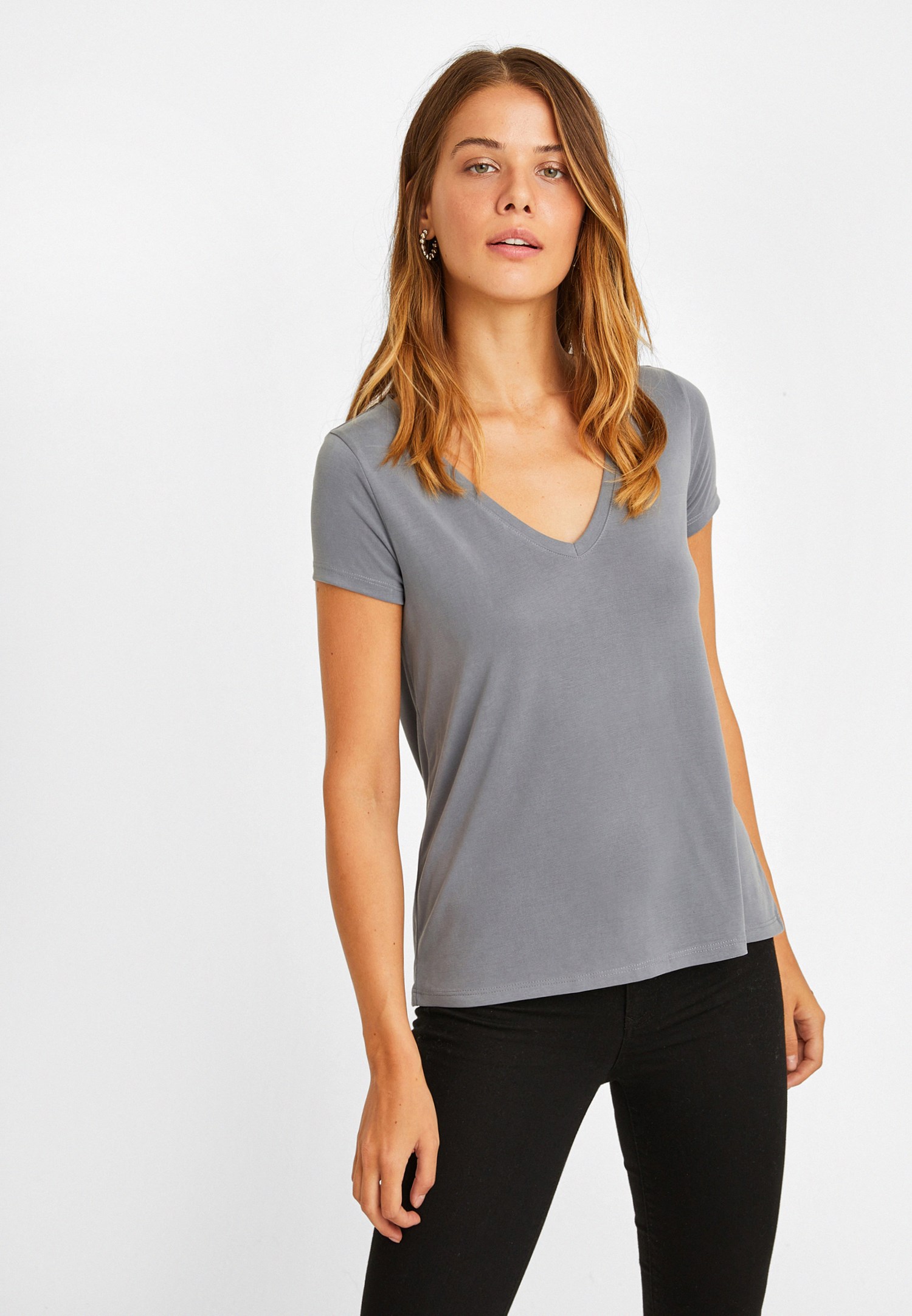 V YAKA BASIC T-SHIRT (Gri)