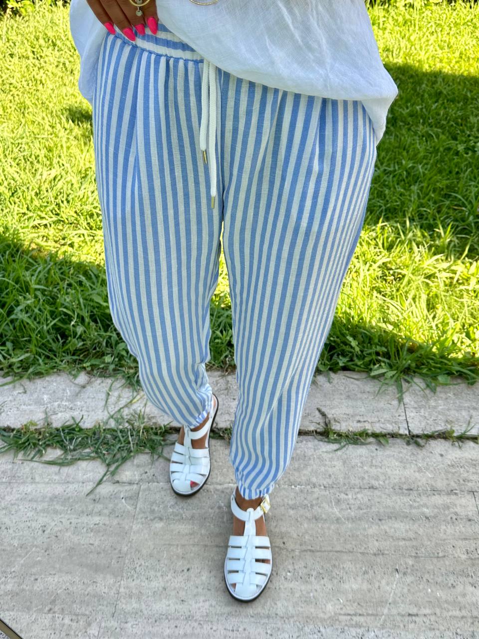 ÇİZGİLİ KETEN JOGGER PANTOLON (Mavi)