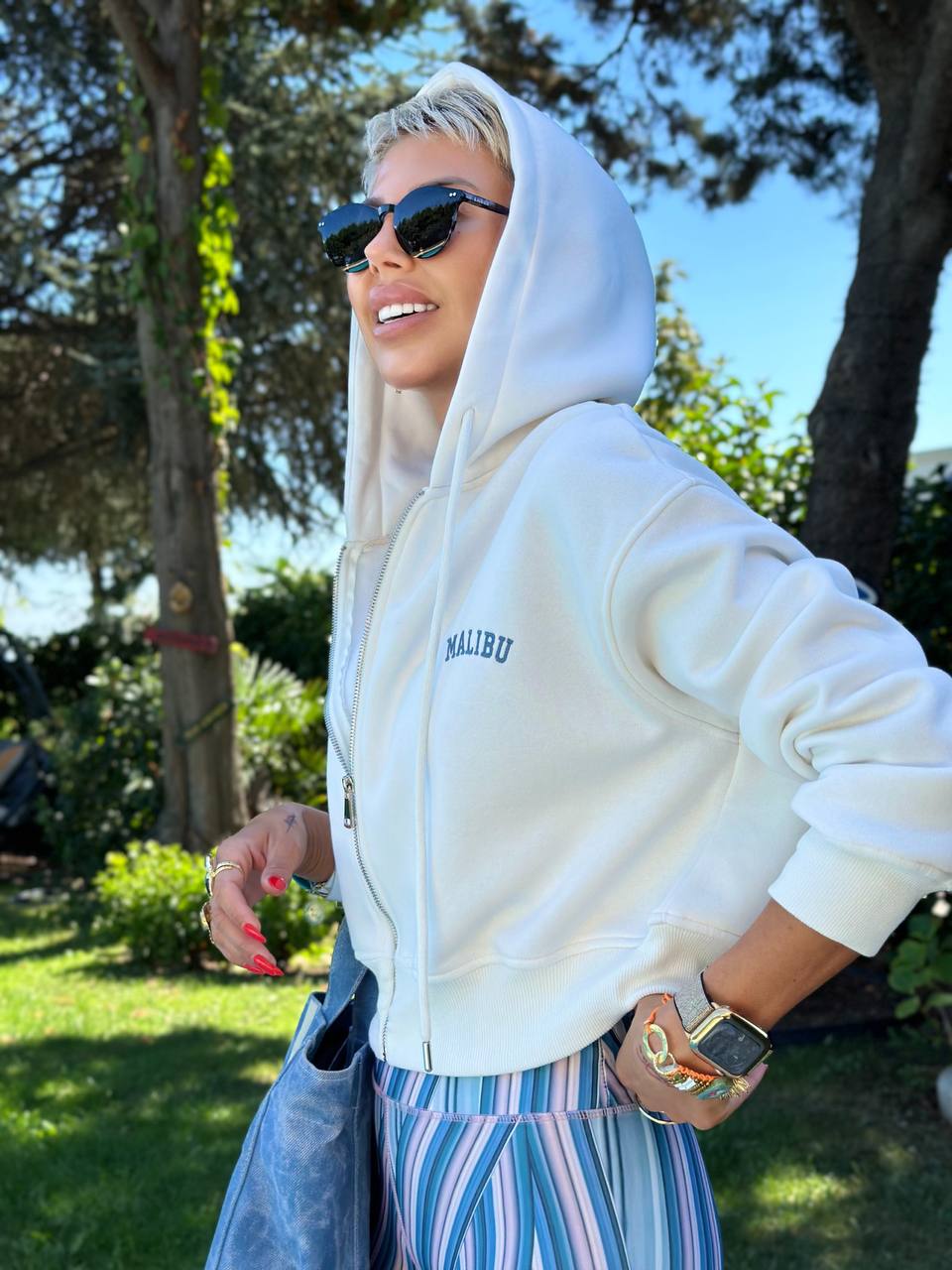 MALIBU BASKILI FERMUARLI HOODIE (Ekru)