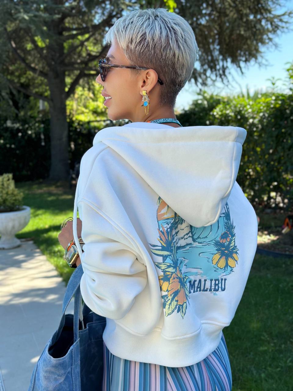 MALIBU BASKILI FERMUARLI HOODIE (Ekru)