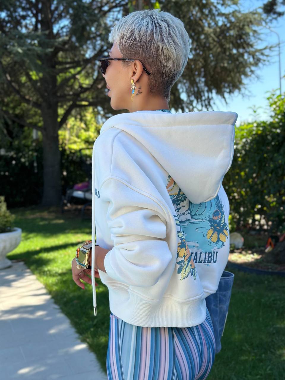 MALIBU BASKILI FERMUARLI HOODIE (Ekru)