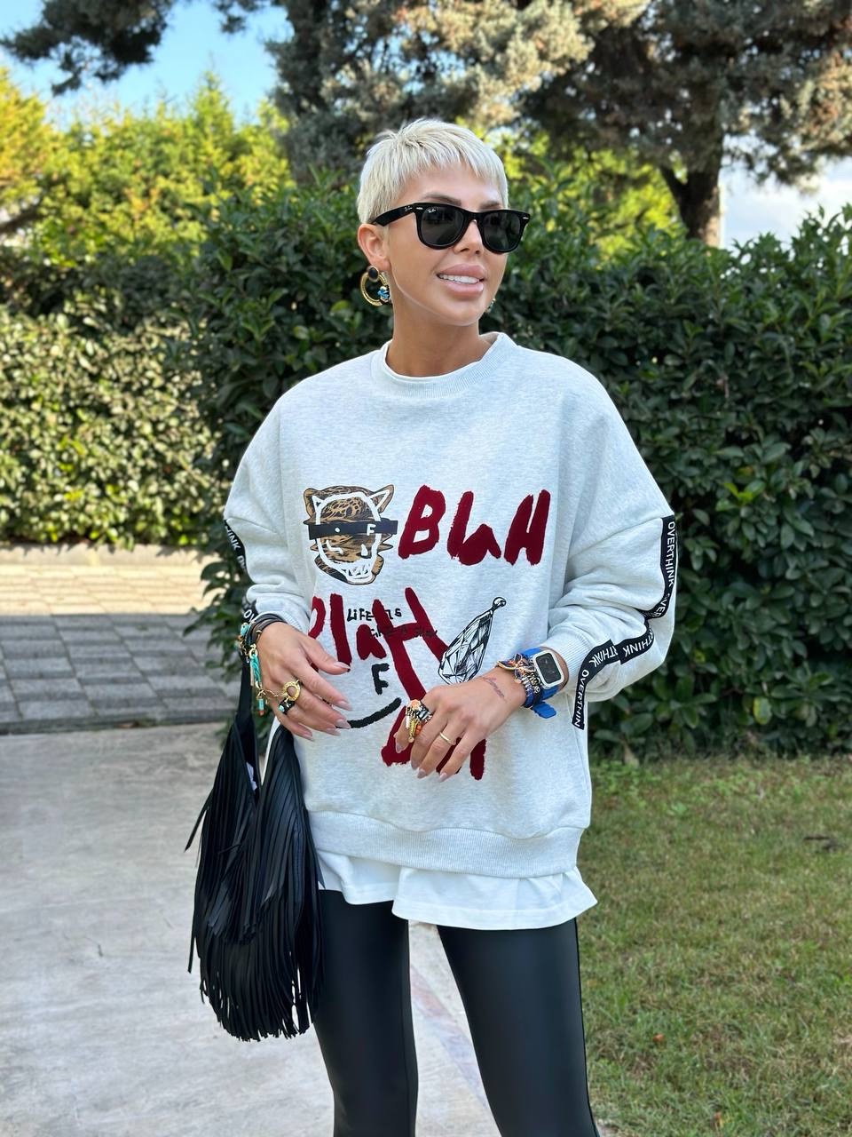 BLAH BLAH TASARIM SWEATSHIRT (Gri)